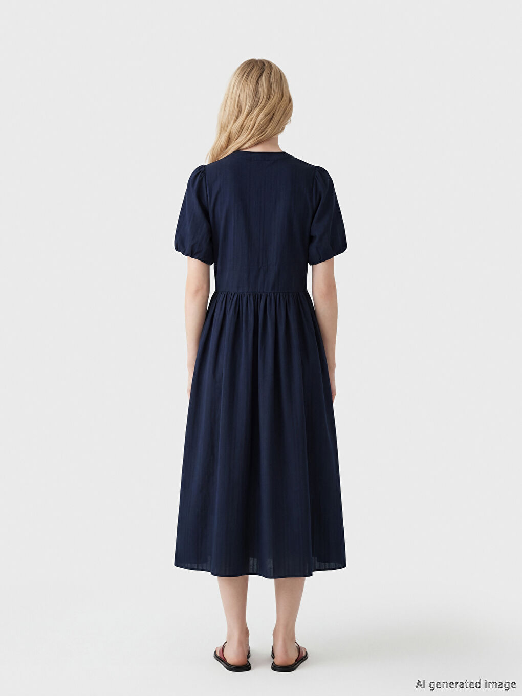 Lacivert V Yaka Belden Oturtmalı Elbise-3