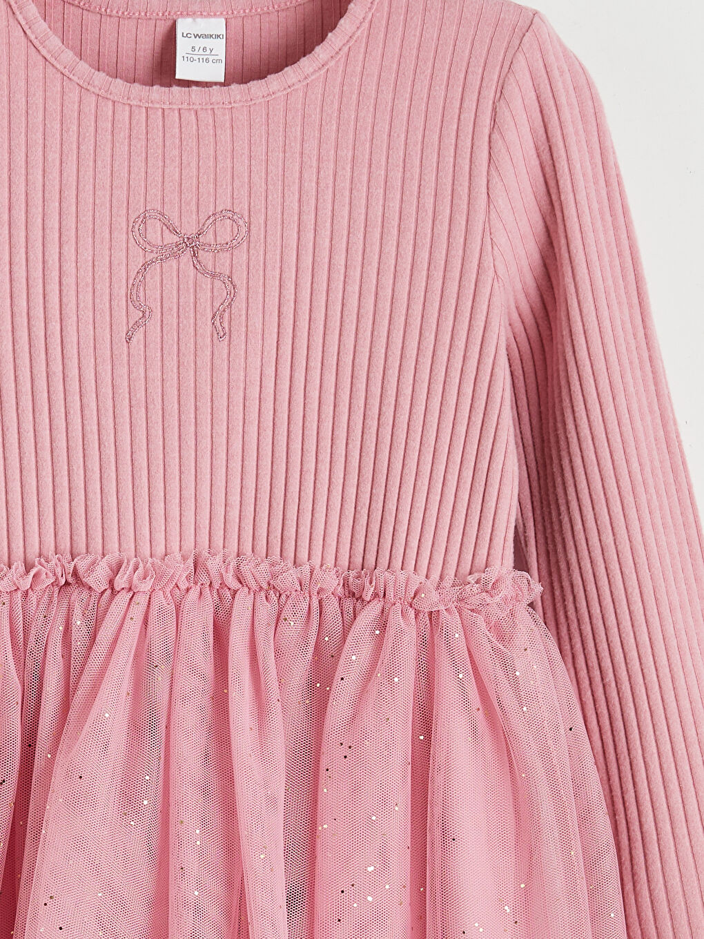 Pembe Bisiklet Yaka Fiyonklu Kız Çocuk Prenses Elbisesi-2