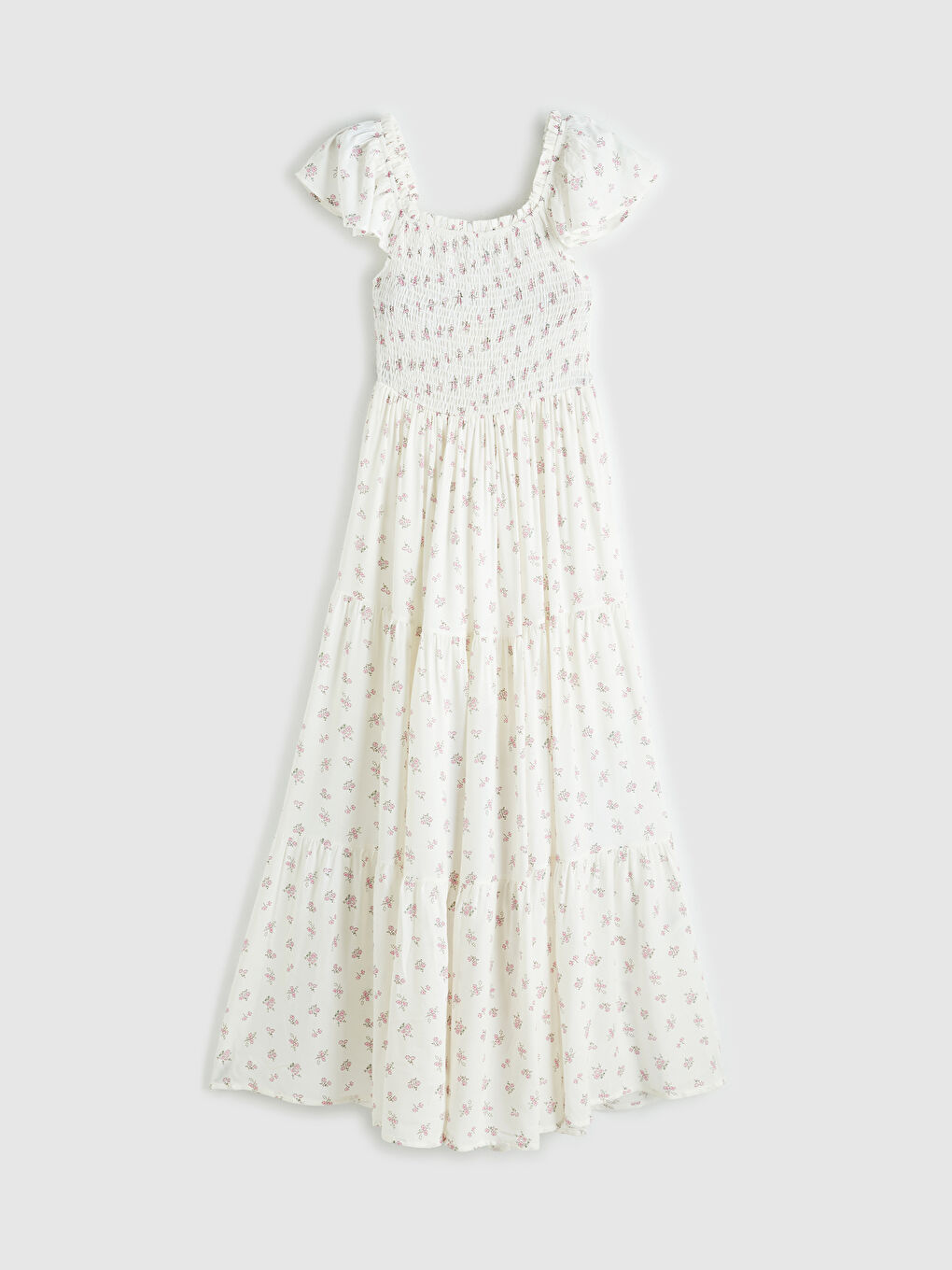 Pembe Kare Yaka Çiçekli Poplin Elbise