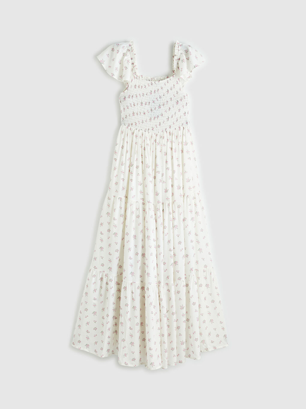 Pembe Kare Yaka Çiçekli Poplin Elbise-1