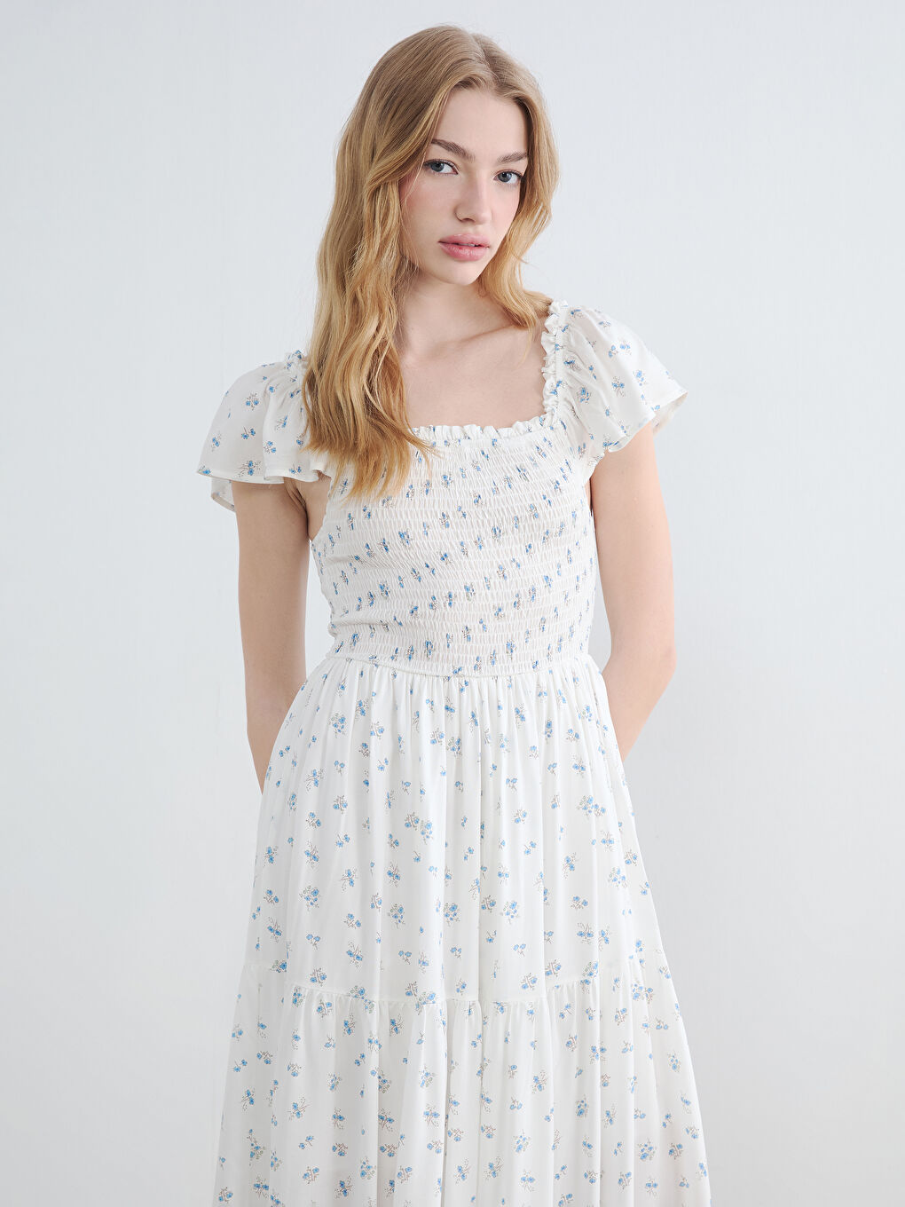 Mavi Çiçekli Kat Kat Poplin Elbise-1