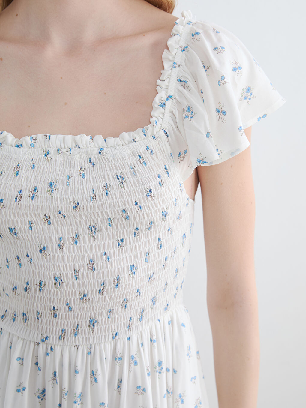 Mavi Çiçekli Kat Kat Poplin Elbise-2