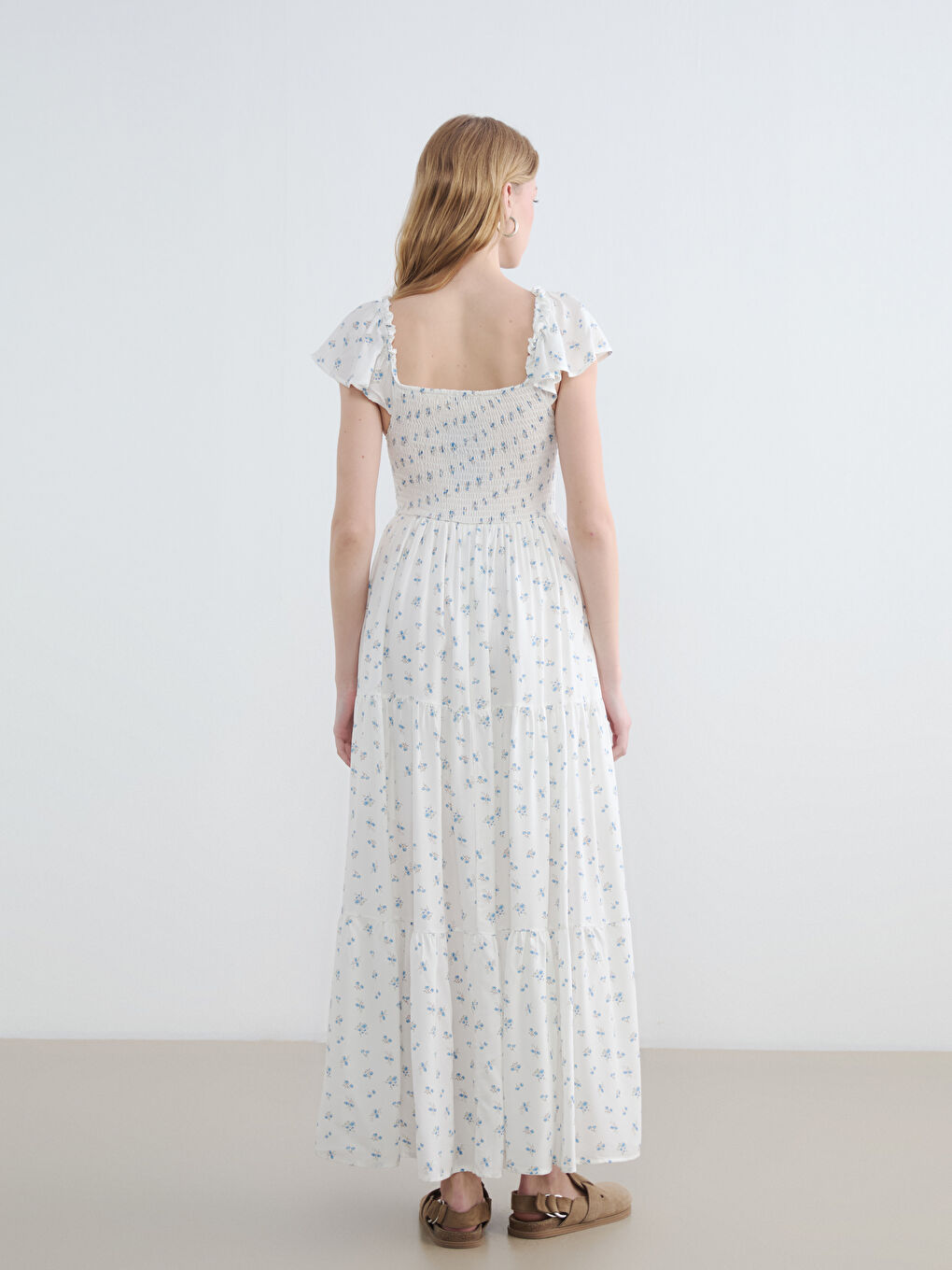 Mavi Çiçekli Kat Kat Poplin Elbise-3