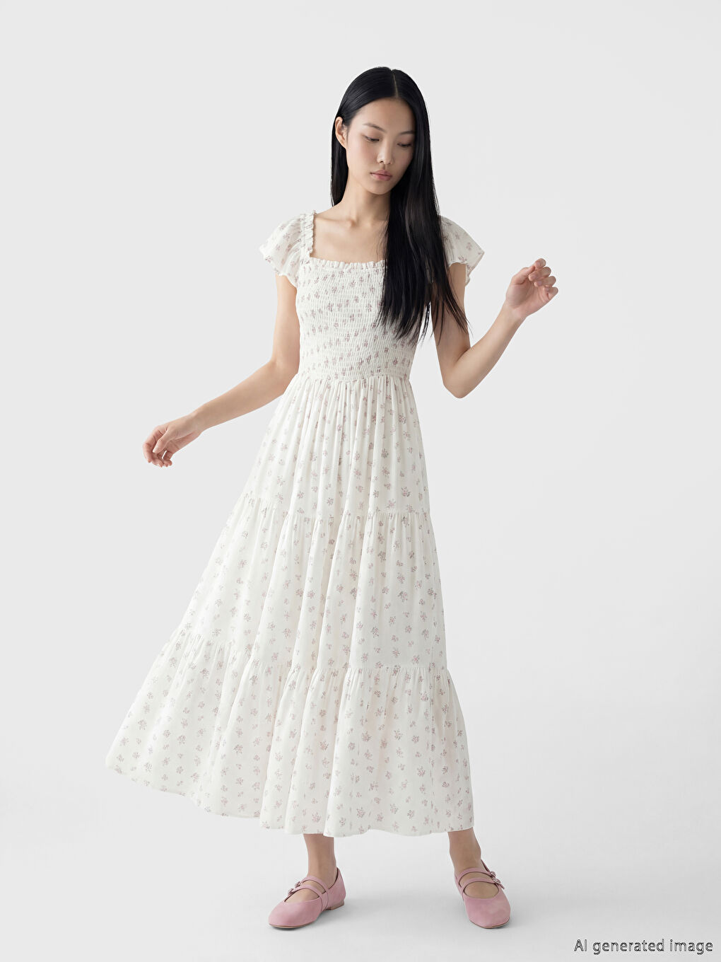 Pembe Kare Yaka Çiçekli Poplin Elbise