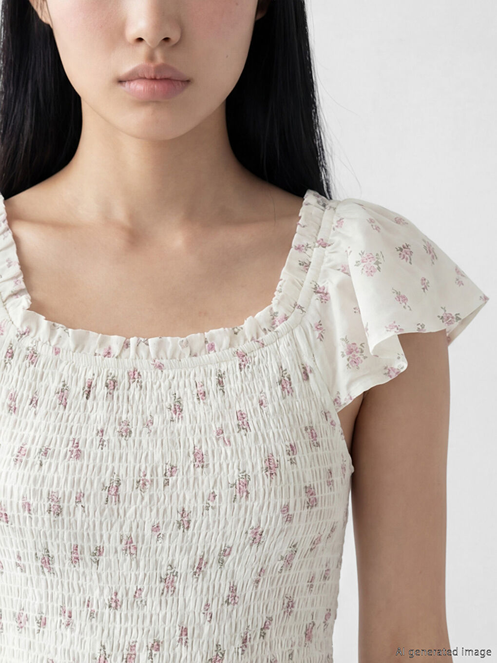 Pembe Kare Yaka Çiçekli Poplin Elbise-2