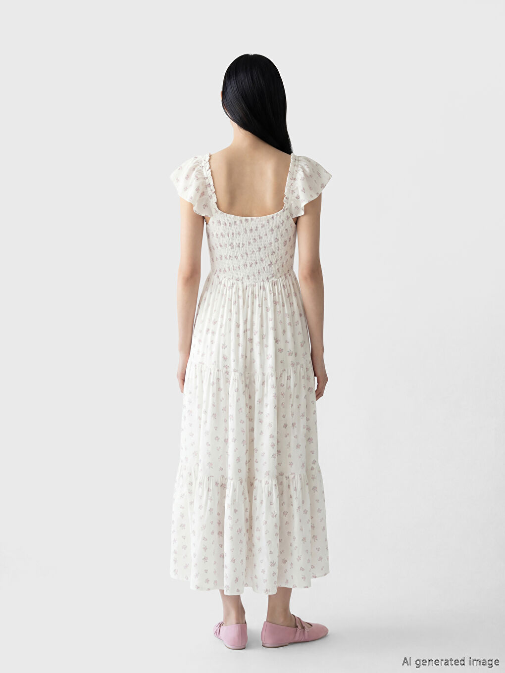 Pembe Kare Yaka Çiçekli Poplin Elbise-3