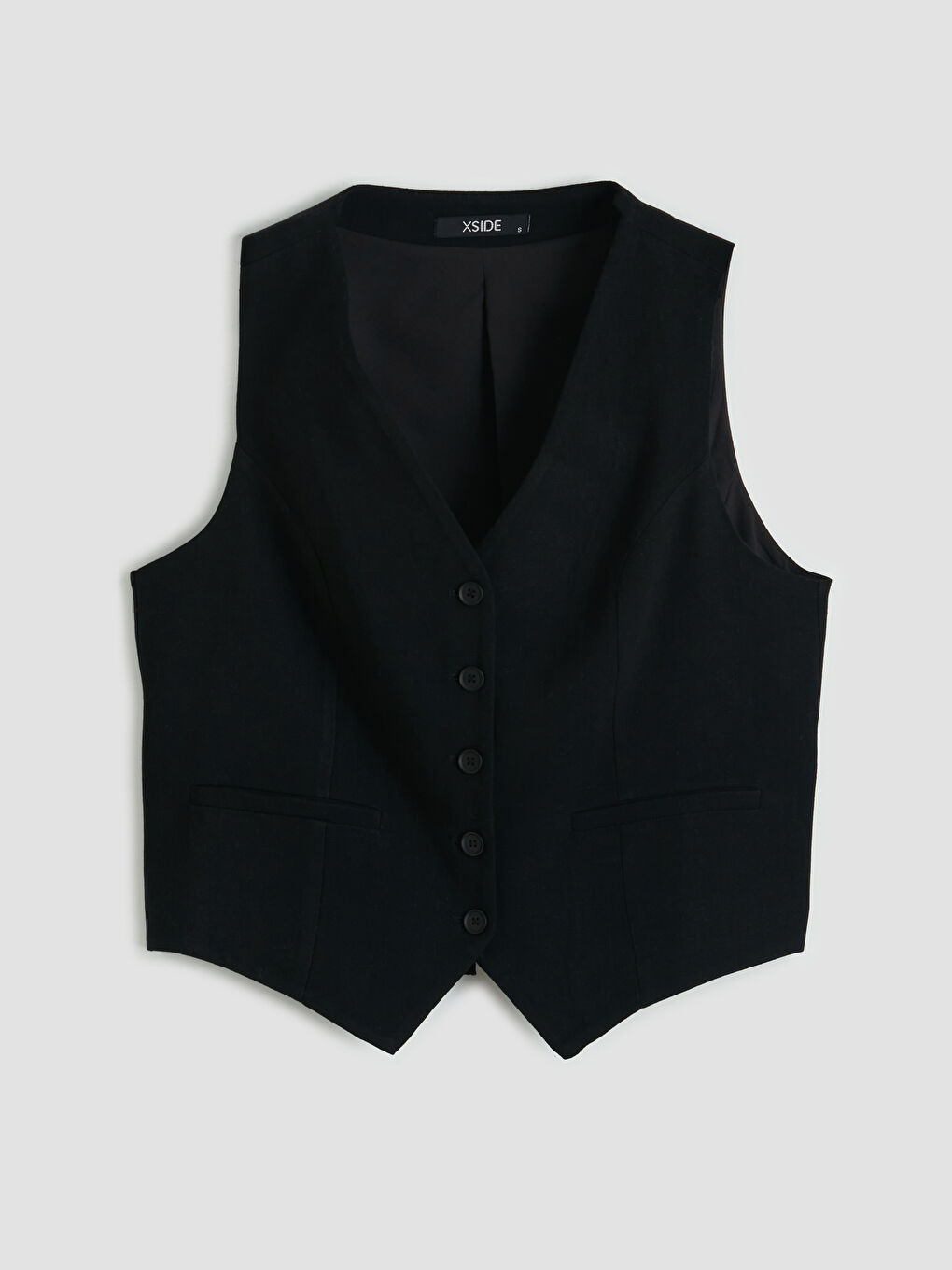 Siyah V Yaka Keten Karışımlı Kadın Klasik Yelek