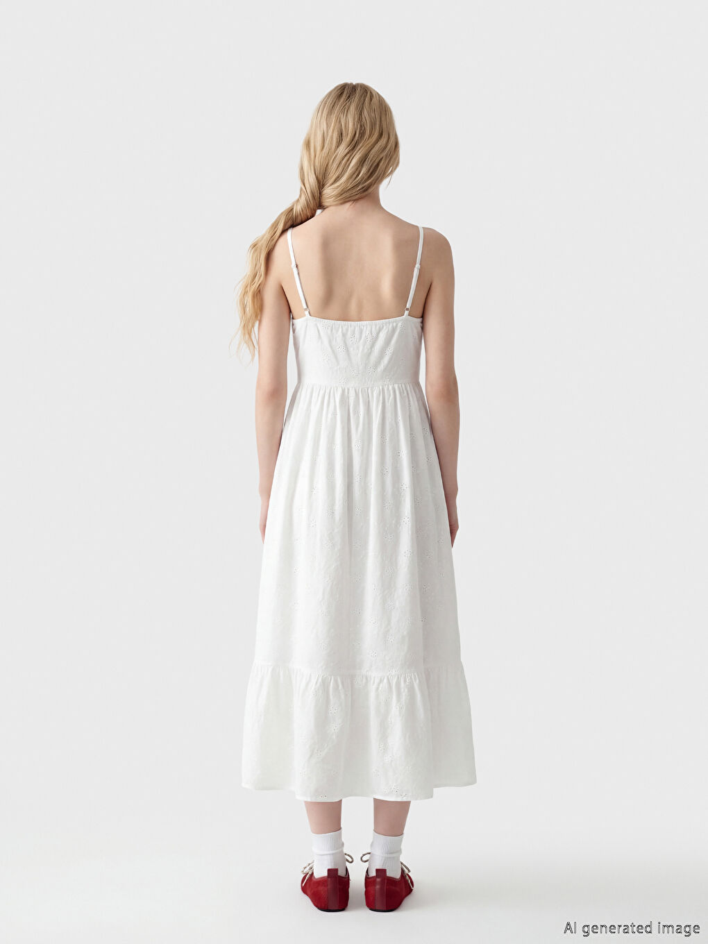 Beyaz Kalp Yaka İp İp Askılı Ajurlu Elbise-2