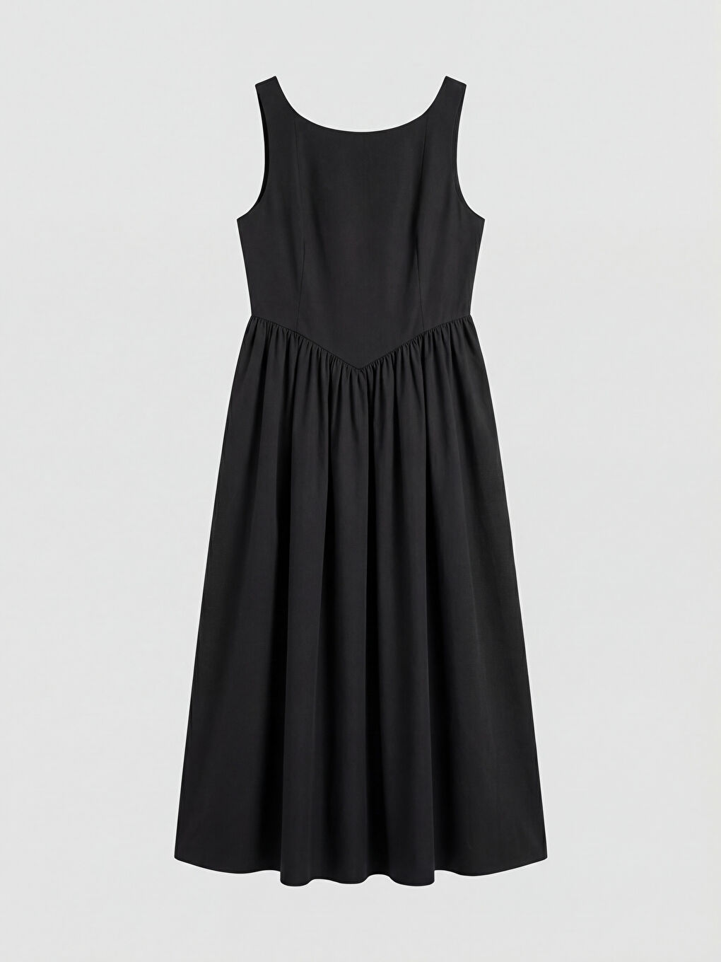 Siyah U Yaka Büzgülü Belden Oturtmalı Poplin Elbise