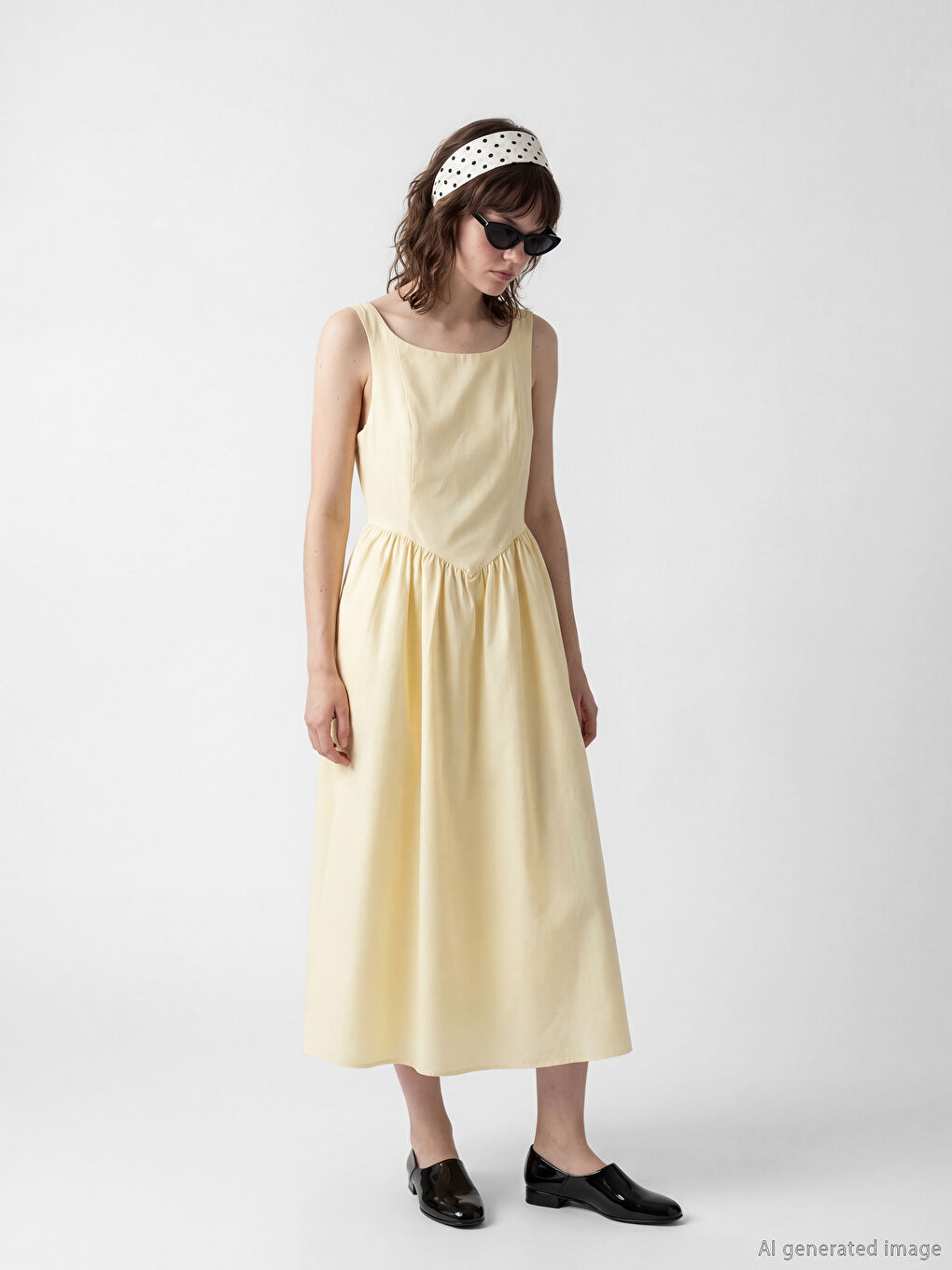 Sarı Büzgülü Belden Oturtmalı Poplin Elbise-1