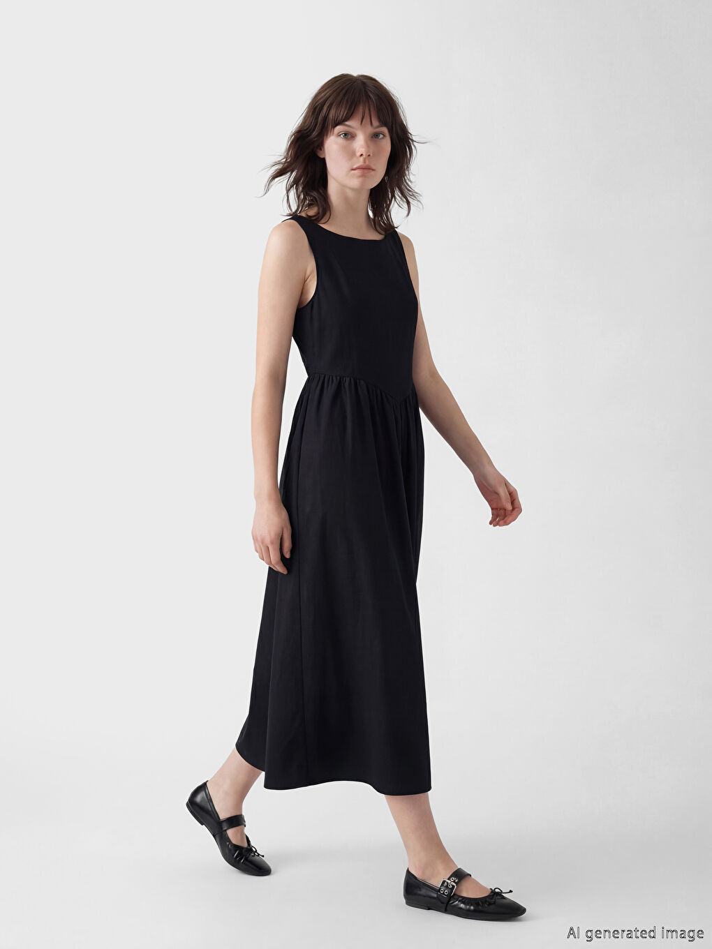 Siyah Büzgülü Belden Oturtmalı Poplin Elbise-1