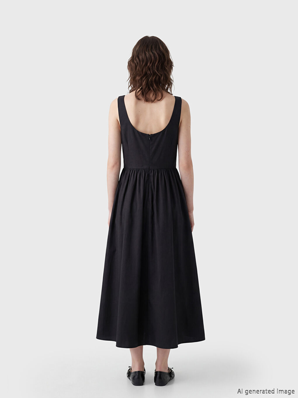 Siyah Büzgülü Belden Oturtmalı Poplin Elbise-2