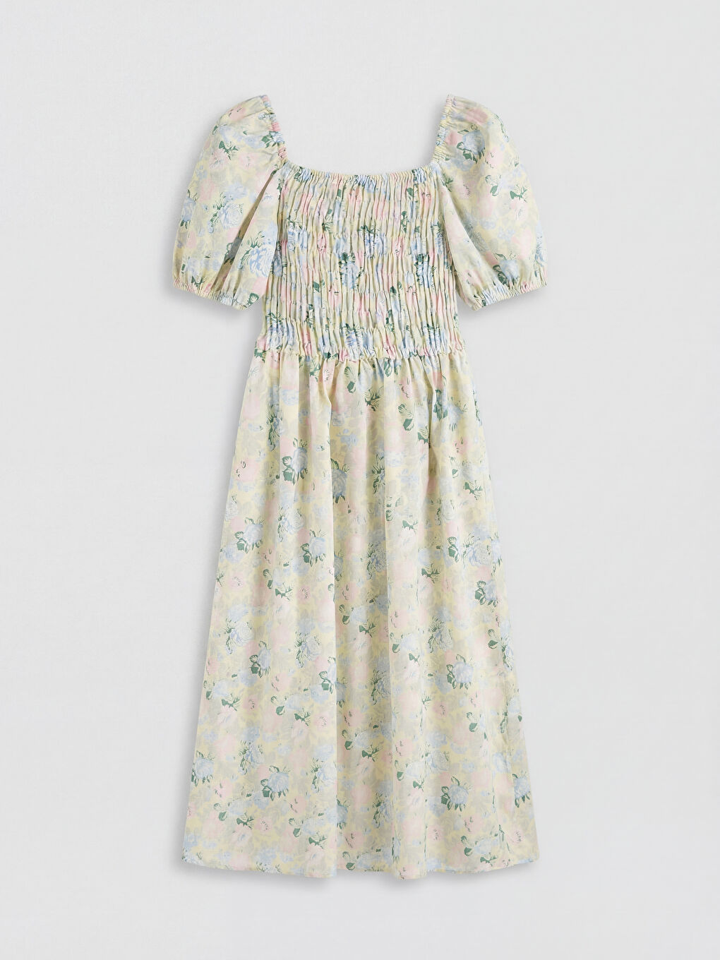 Yeşil Kare Yaka Çiçekli Balon Kollu Poplin Elbise