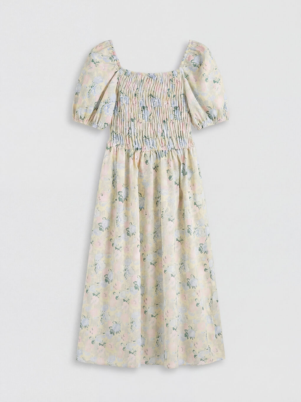 Yeşil Kare Yaka Çiçekli Balon Kollu Poplin Elbise-1