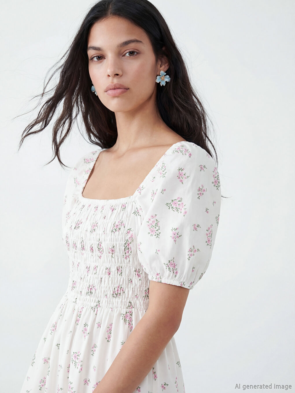 Pembe Kayık Yaka Çiçekli Balon Kollu Poplin Elbise-1