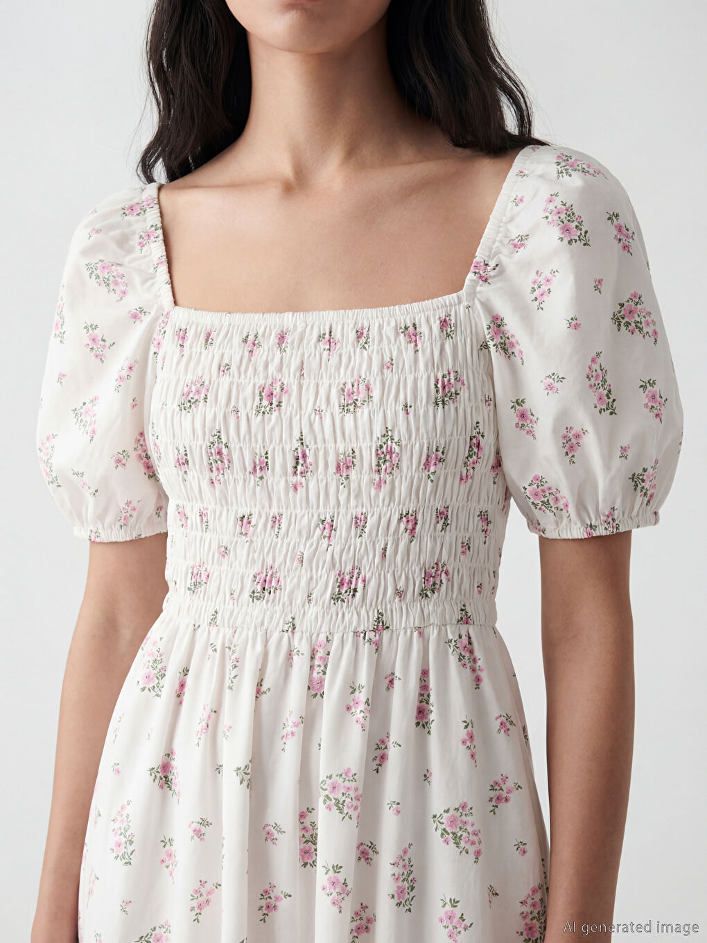 Pembe Kayık Yaka Çiçekli Balon Kollu Poplin Elbise-2