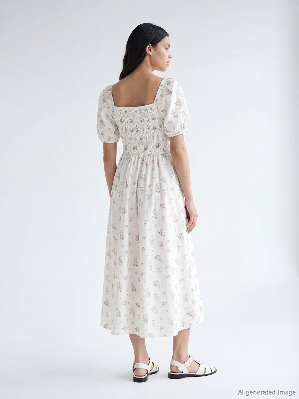 Pembe Kayık Yaka Çiçekli Balon Kollu Poplin Elbise-3