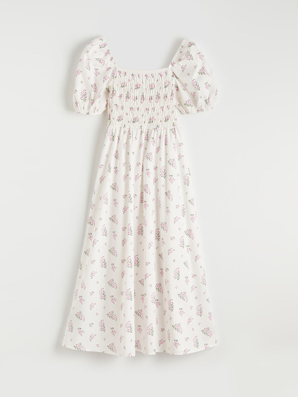 Pembe Kayık Yaka Çiçekli Balon Kollu Poplin Elbise