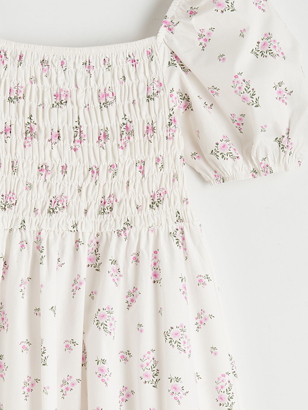 Pembe Kayık Yaka Çiçekli Balon Kollu Poplin Elbise-1