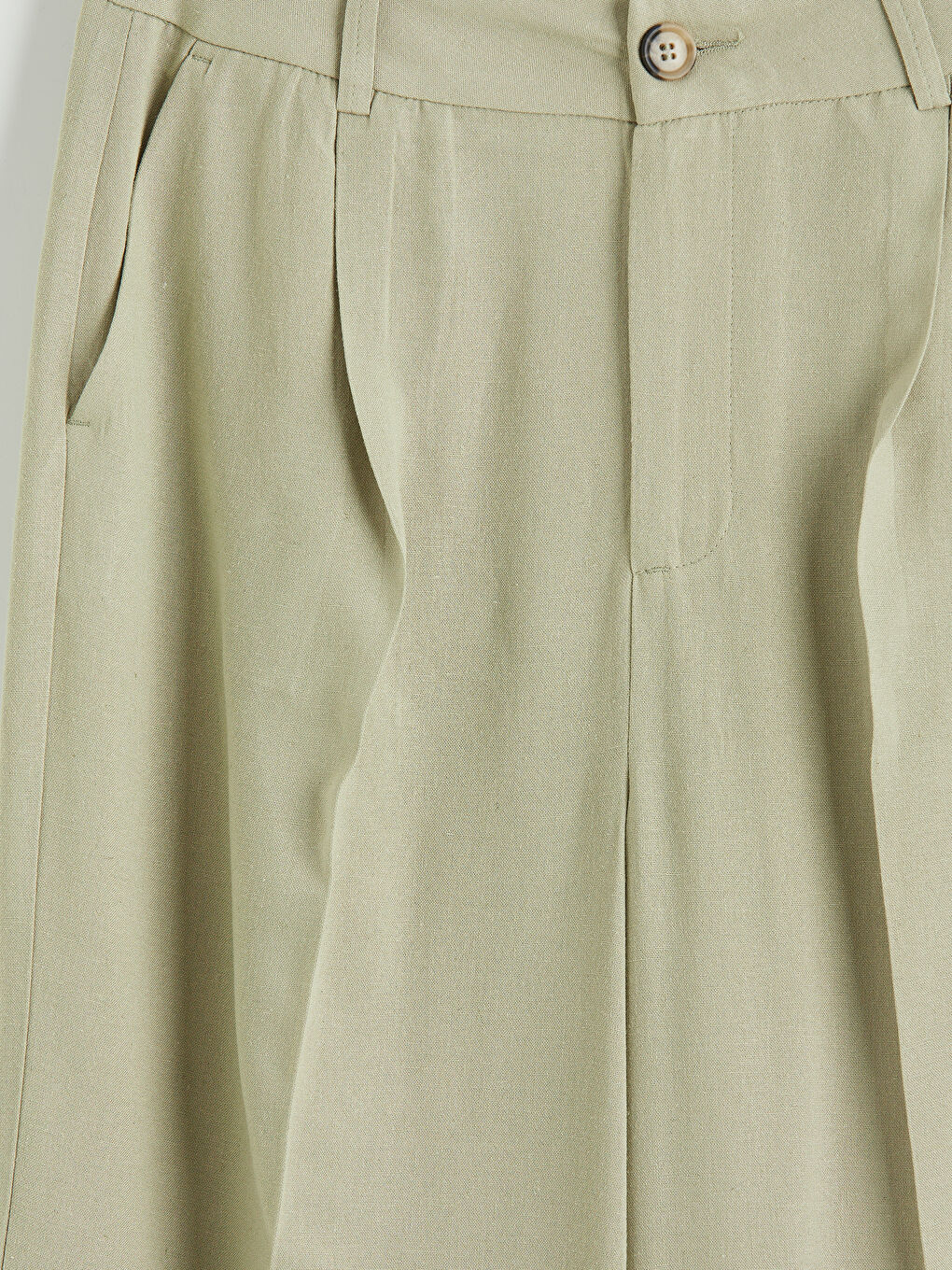 Haki Loose Fit Keten Karışımlı Kadın Pileli Pantolon-2