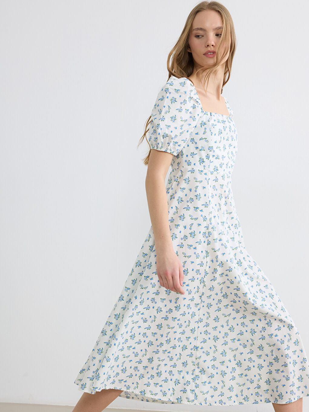 Mavi Çiçekli Balon Kollu Belden Oturtmalı Elbise-1