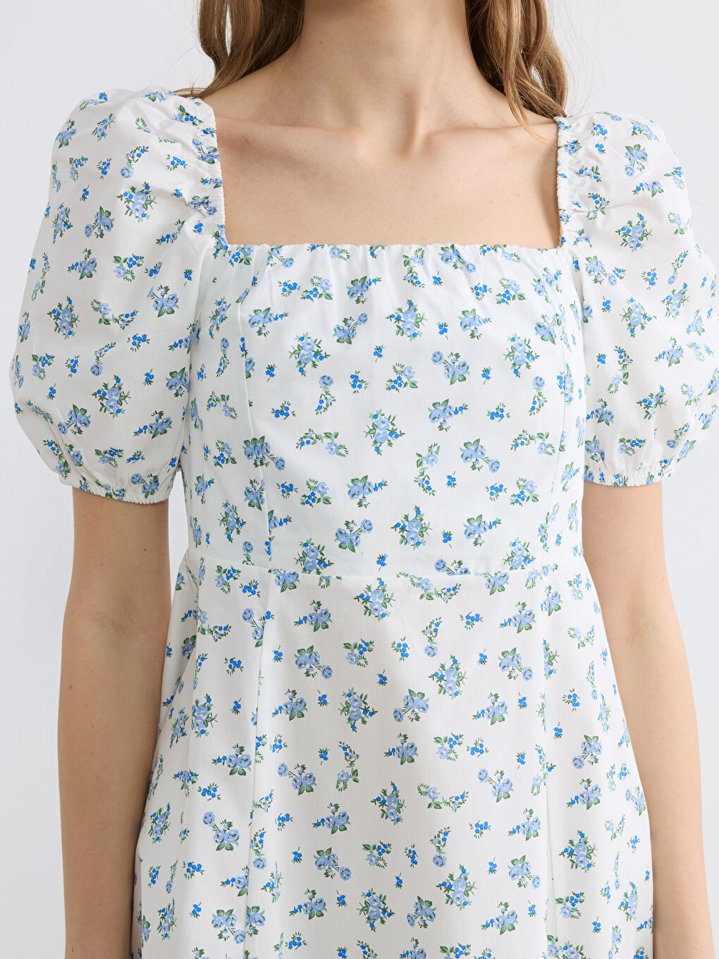 Mavi Çiçekli Balon Kollu Belden Oturtmalı Elbise-2