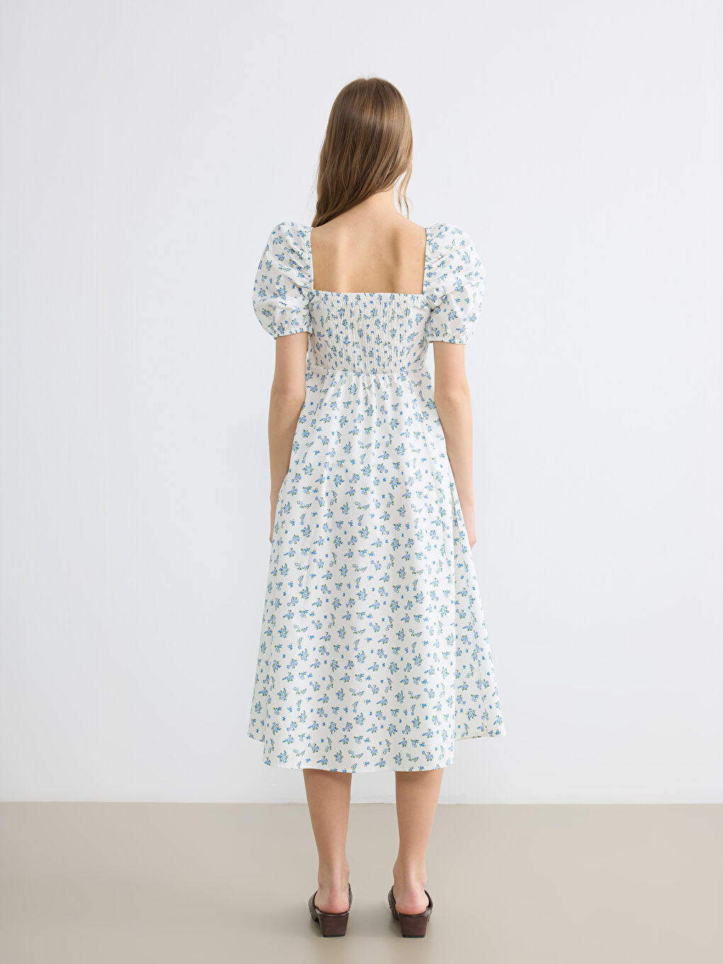 Mavi Çiçekli Balon Kollu Belden Oturtmalı Elbise-3