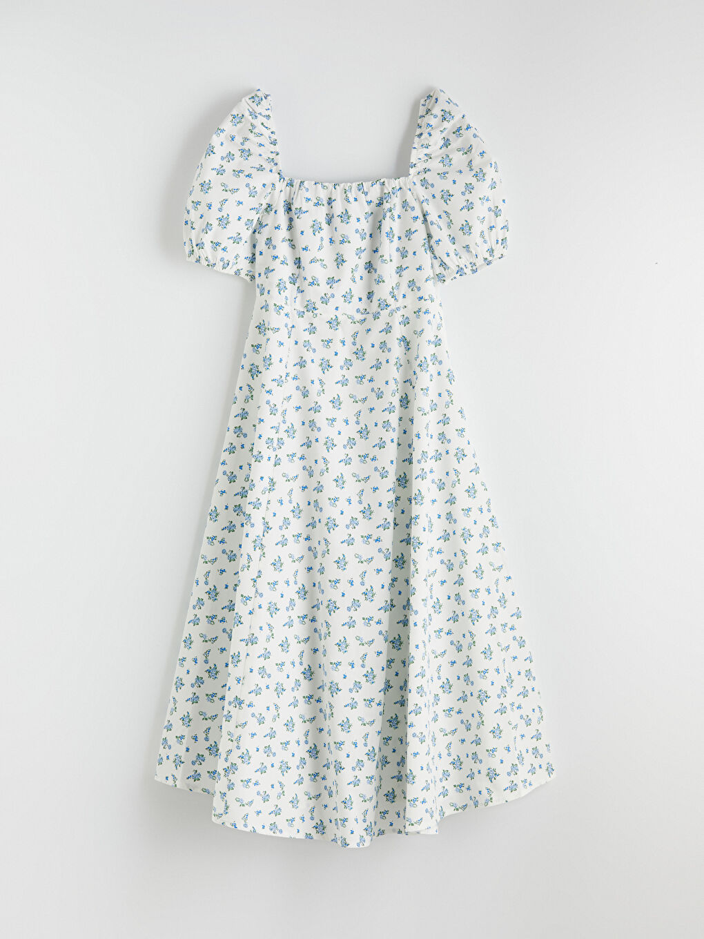 Mavi Çiçekli Balon Kollu Belden Oturtmalı Elbise-4