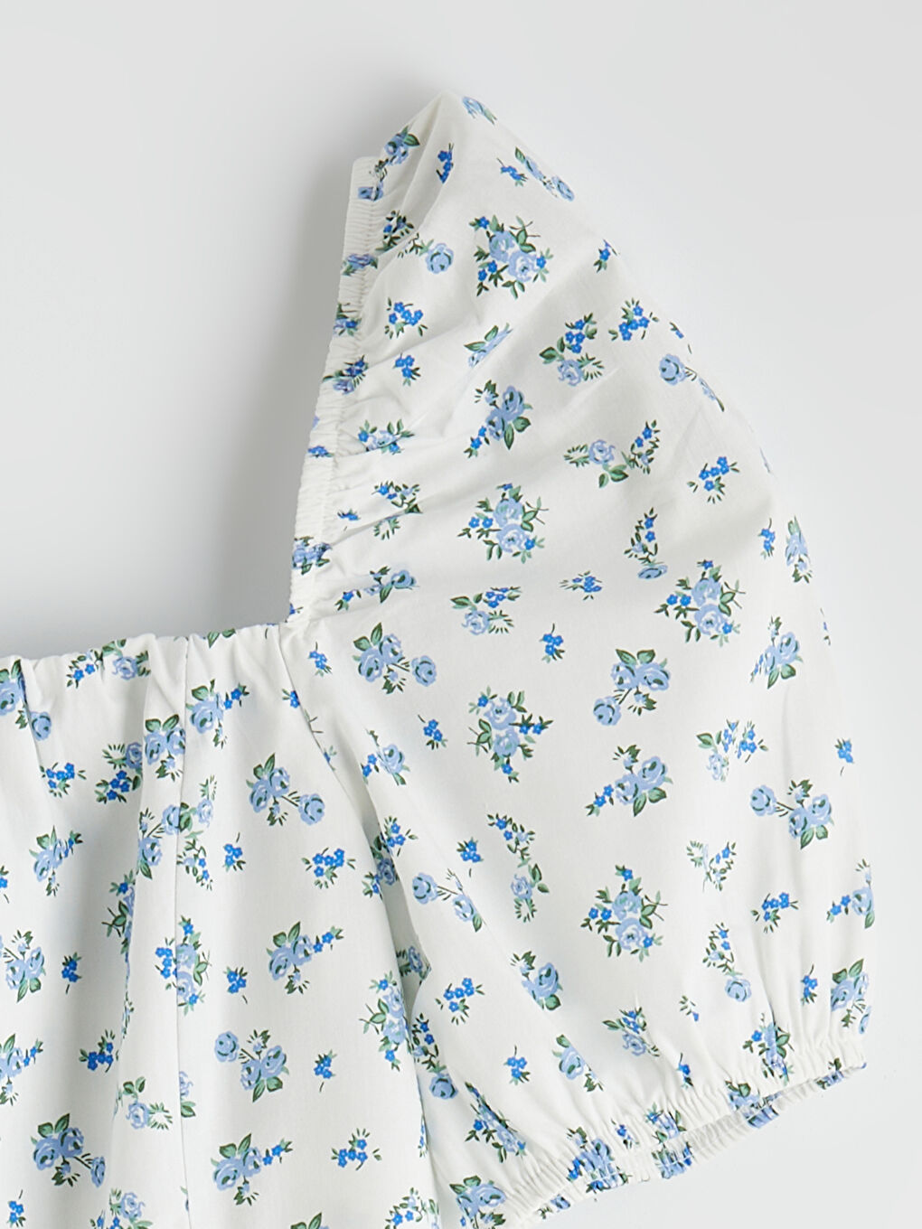 Mavi Çiçekli Balon Kollu Belden Oturtmalı Elbise-5