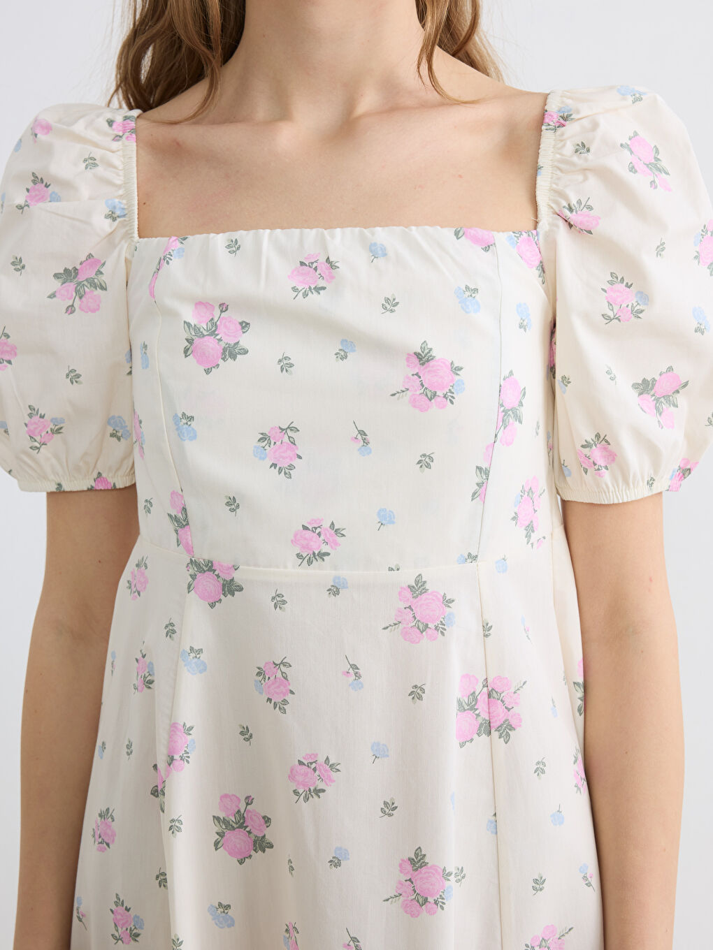 Pembe Çiçekli Balon Kollu Belden Oturtmalı Elbise-2