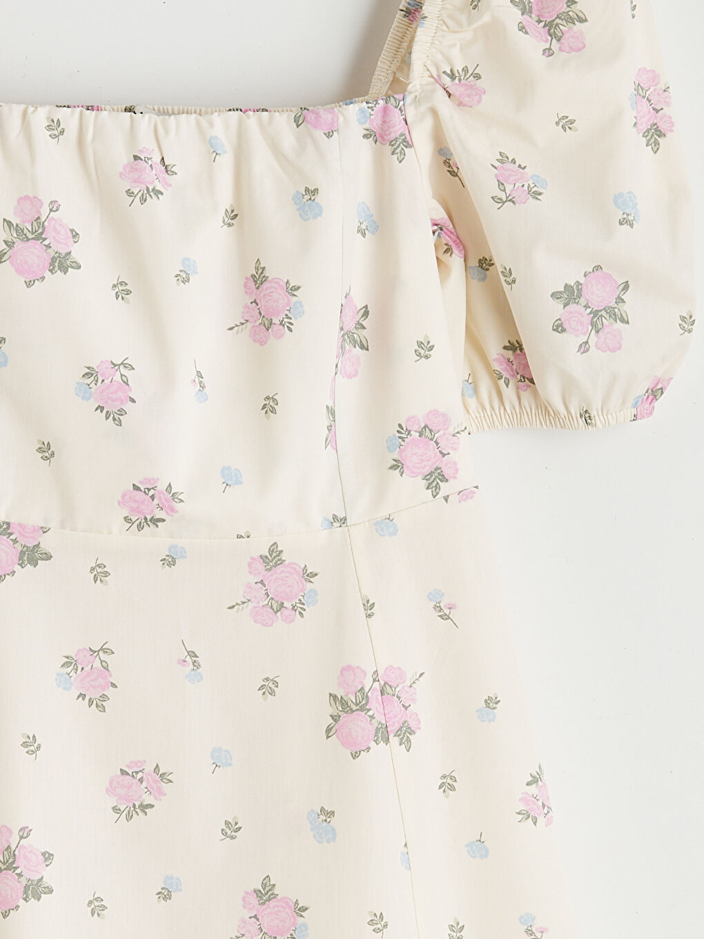 Pembe Çiçekli Balon Kollu Belden Oturtmalı Elbise-5