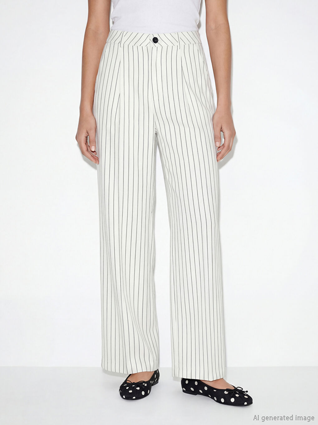 Ekru Loose Fit Çizgili Keten Karışımlı Kadın Pileli Pantolon-1