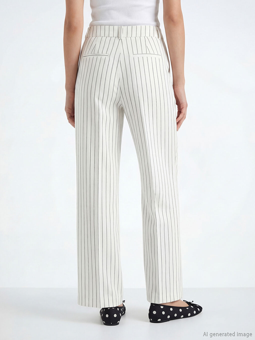 Ekru Loose Fit Çizgili Keten Karışımlı Kadın Pileli Pantolon-3