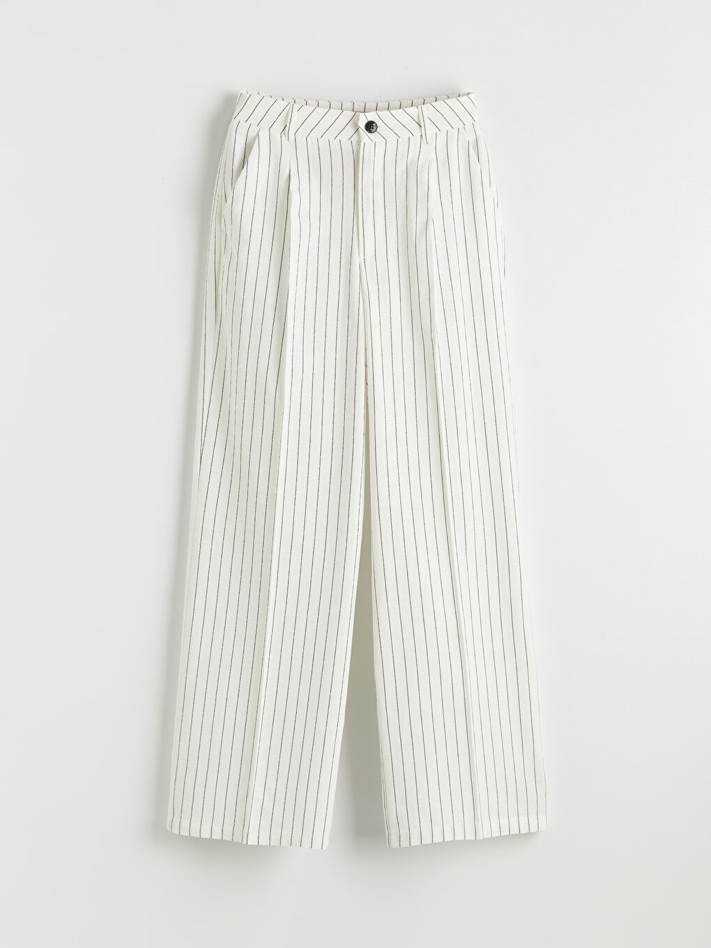 Ekru Loose Fit Çizgili Keten Karışımlı Kadın Pileli Pantolon-4