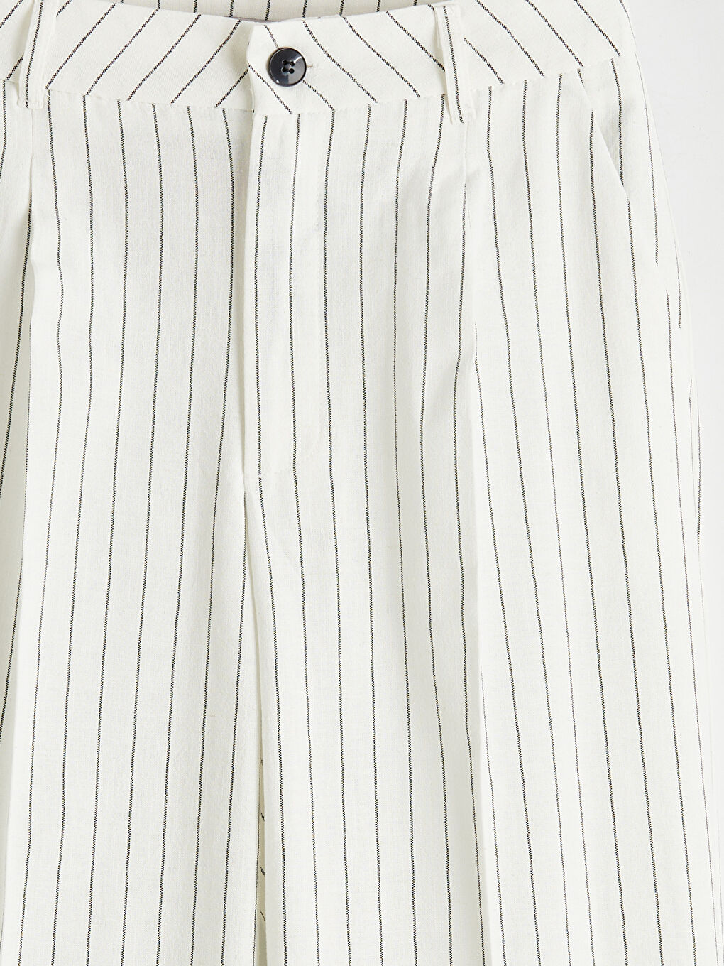 Ekru Loose Fit Çizgili Keten Karışımlı Kadın Pileli Pantolon-6