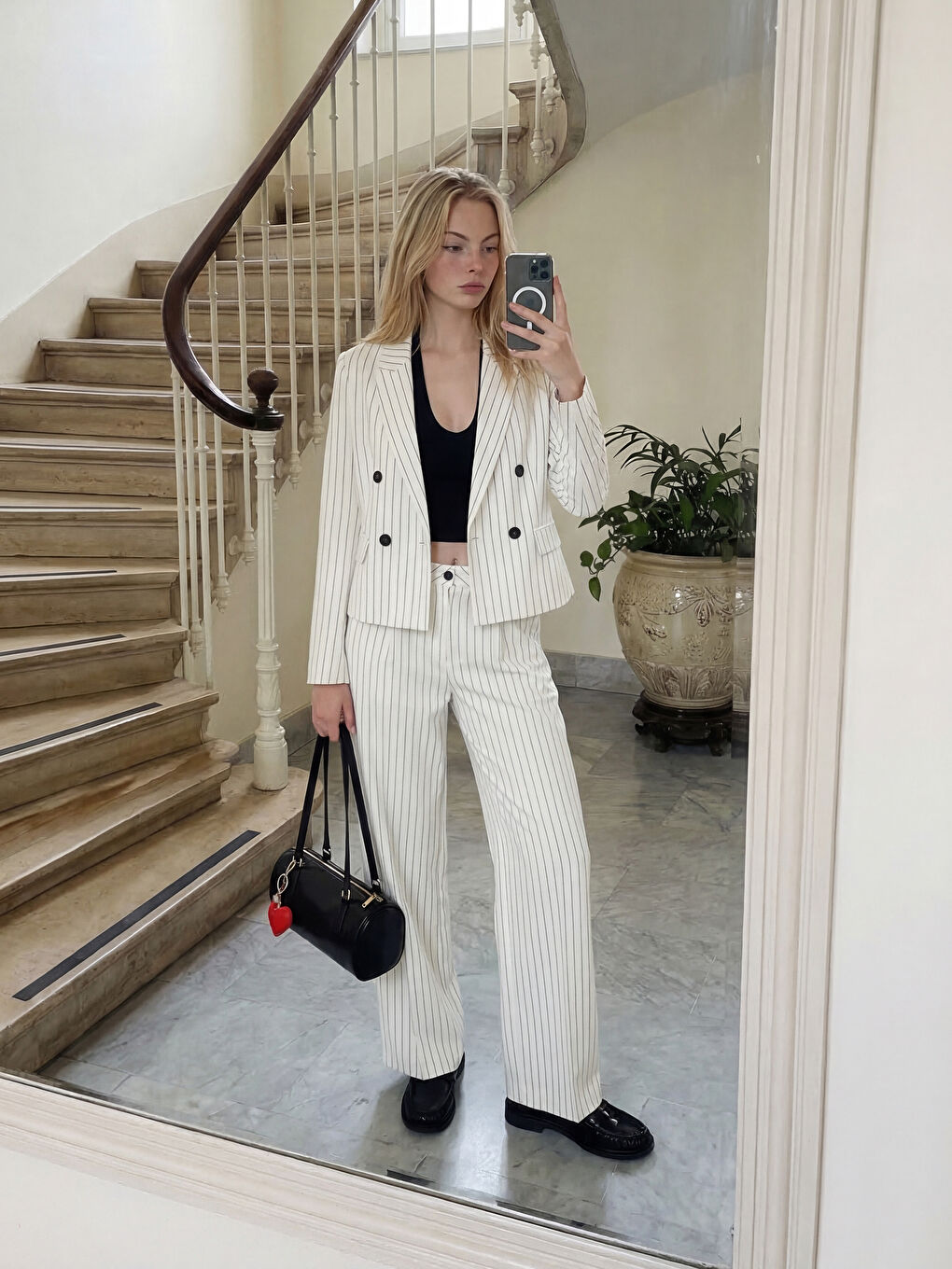 Ekru Loose Fit Çizgili Keten Karışımlı Kadın Pileli Pantolon