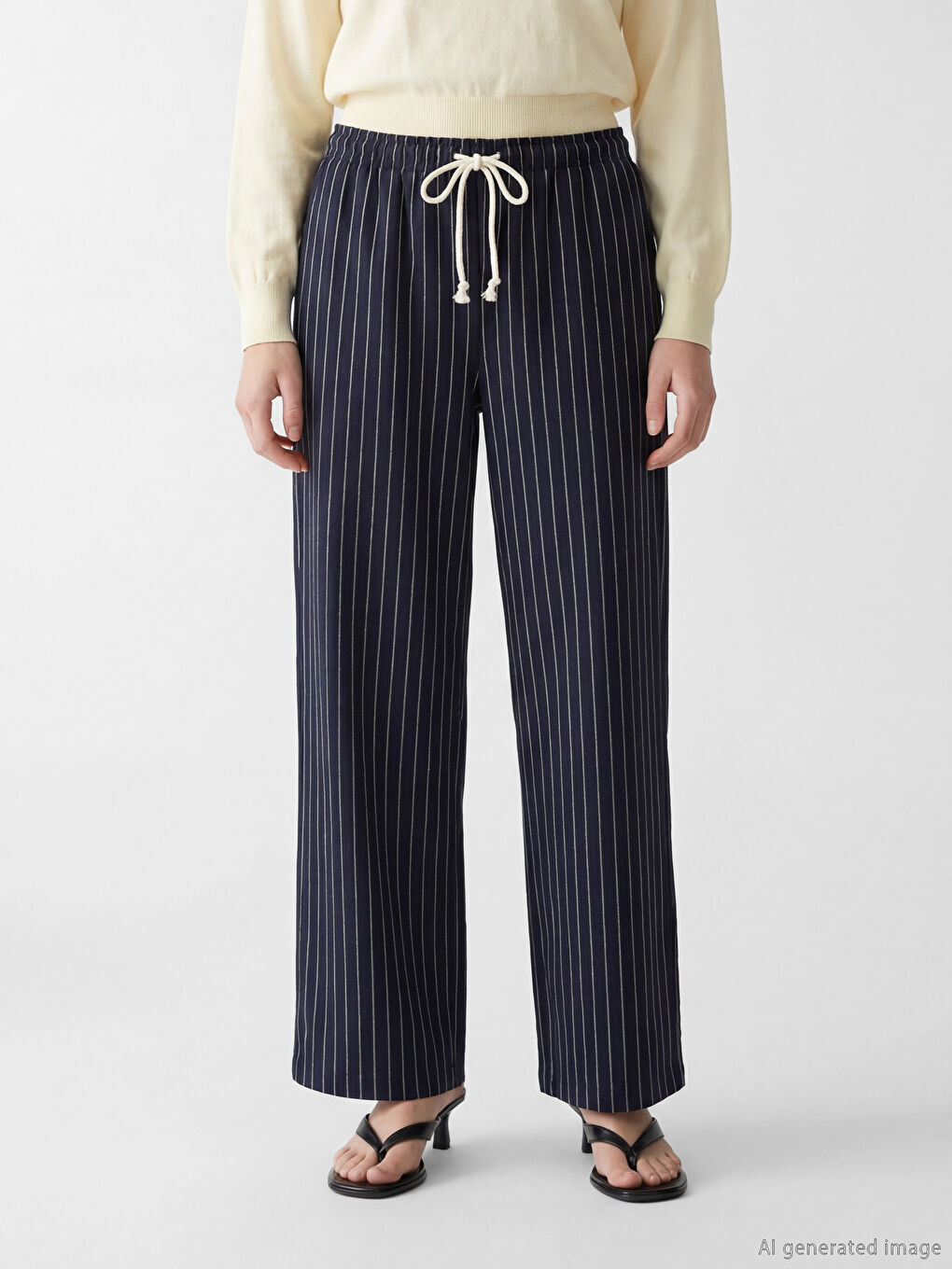 Lacivert Çizgili Keten Karışımlı Kadın Pantolon-1