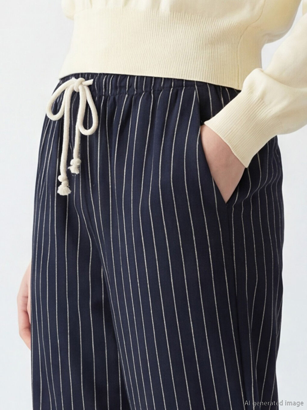Lacivert Çizgili Keten Karışımlı Kadın Pantolon-2