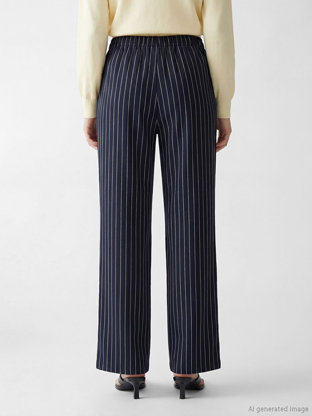 Lacivert Çizgili Keten Karışımlı Kadın Pantolon-3