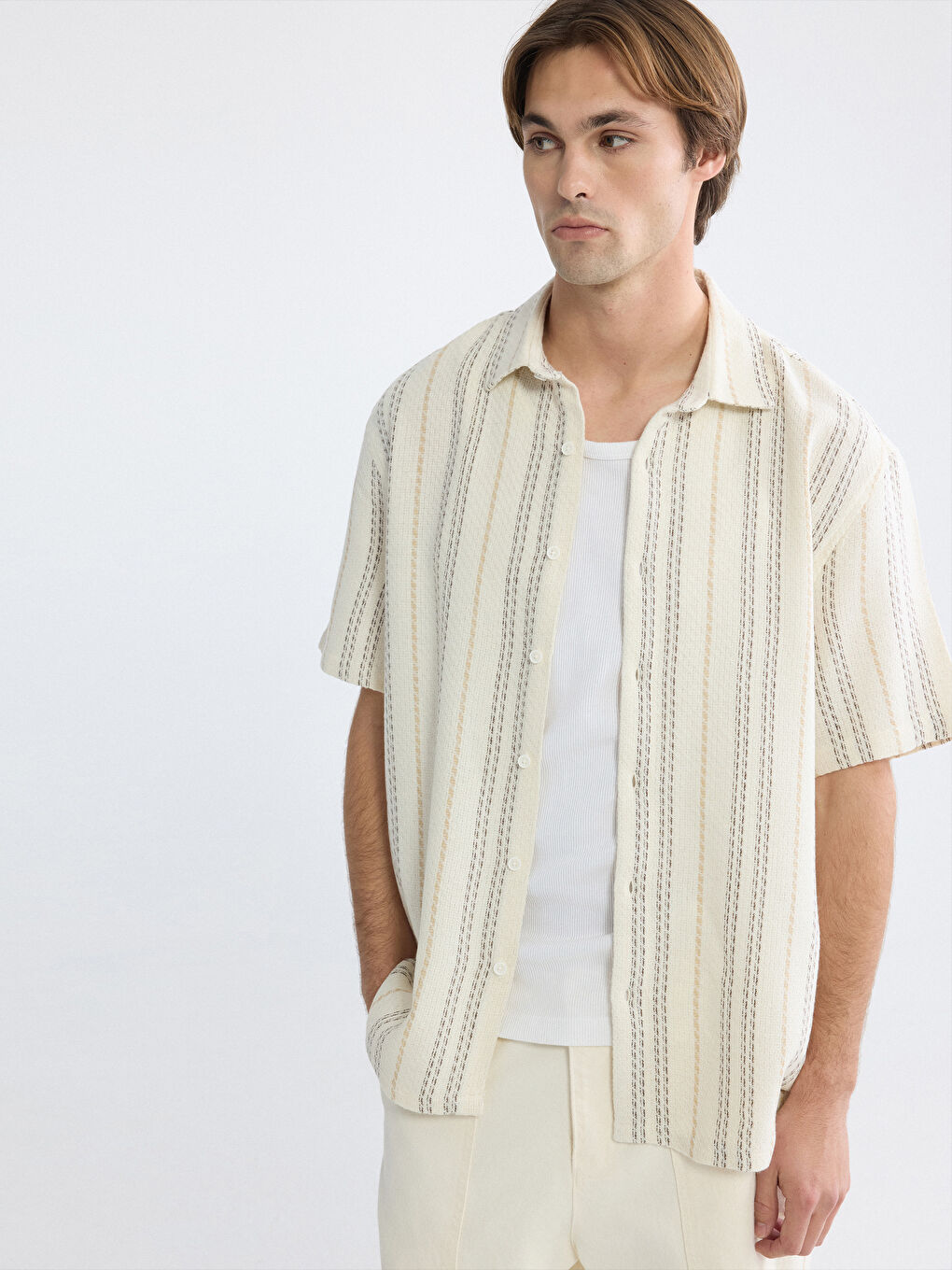 Siyah Loose Fit Resort Yaka Çizgili Erkek Gömlek