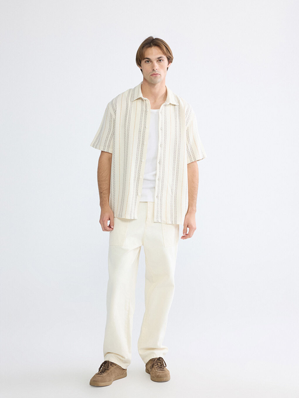 Siyah Loose Fit Resort Yaka Çizgili Erkek Gömlek-1