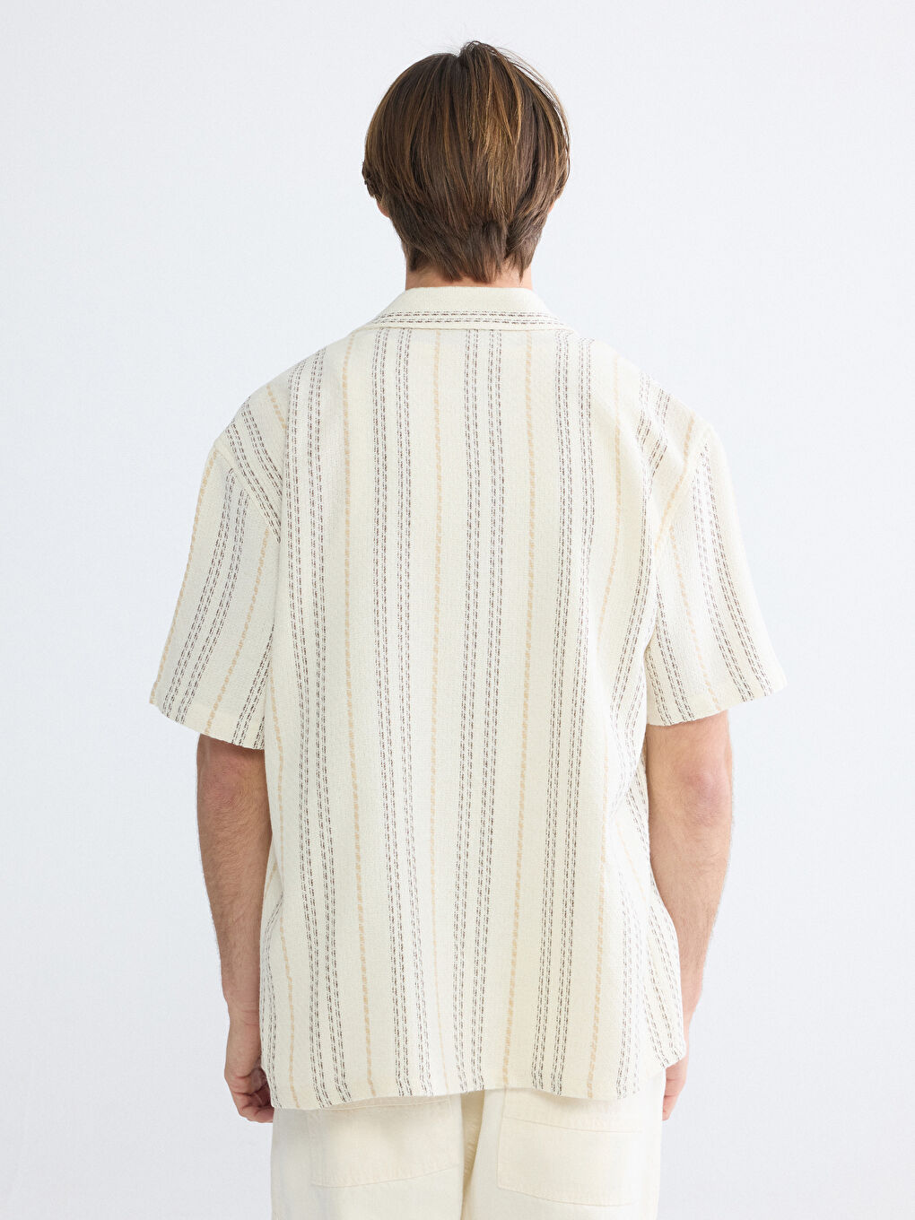 Siyah Loose Fit Resort Yaka Çizgili Erkek Gömlek-3