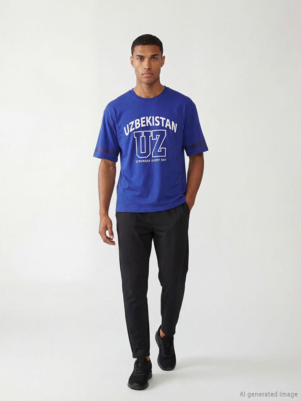 Mavi Bisiklet Yaka Özbekistan Baskılı Erkek Tişört-1