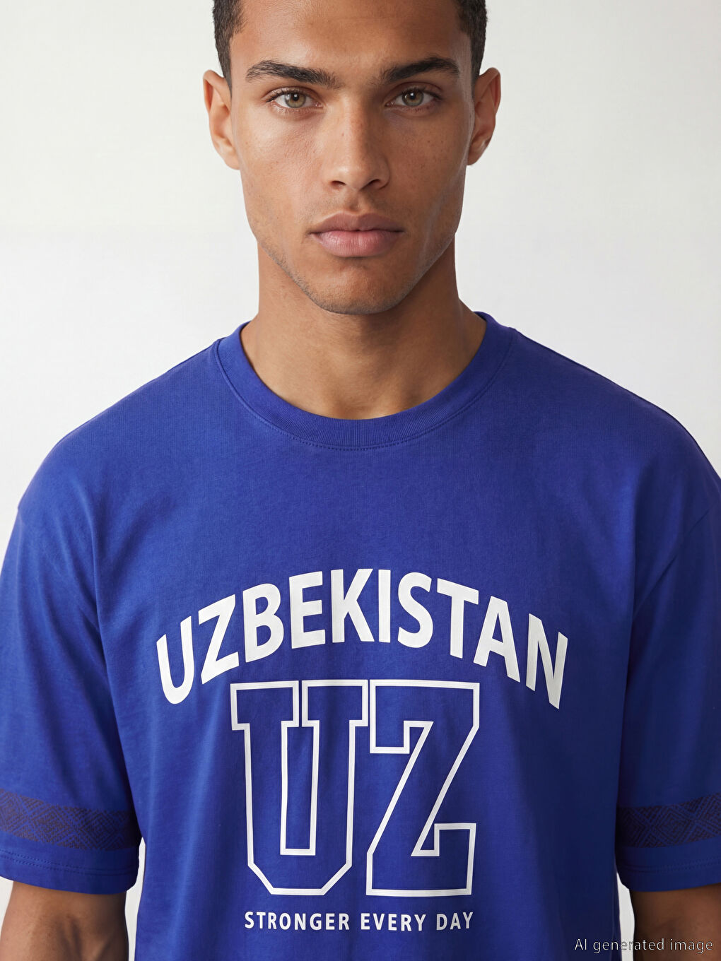 Mavi Bisiklet Yaka Özbekistan Baskılı Erkek Tişört-2