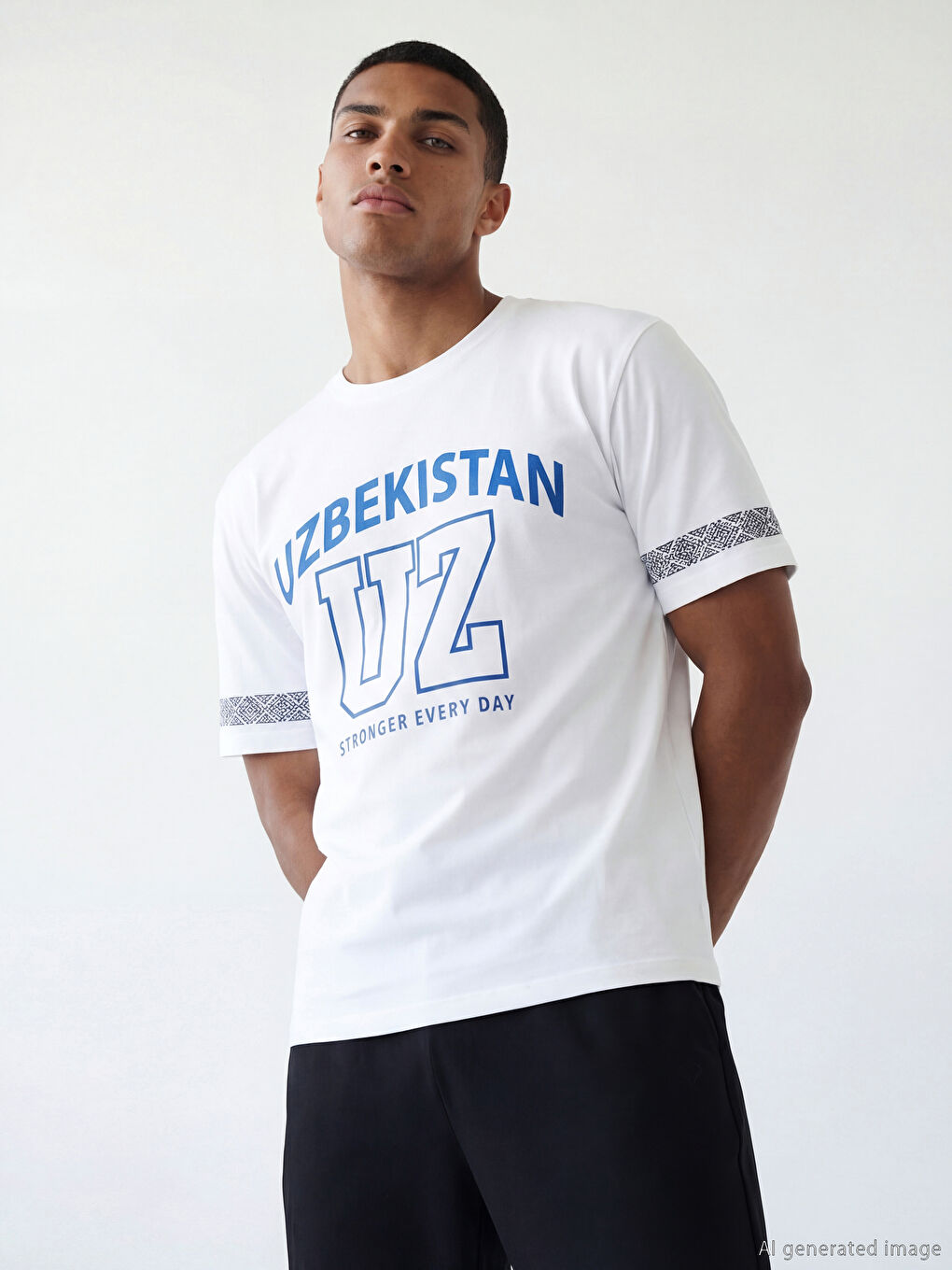 Beyaz Bisiklet Yaka Özbekistan Baskılı Erkek Tişört
