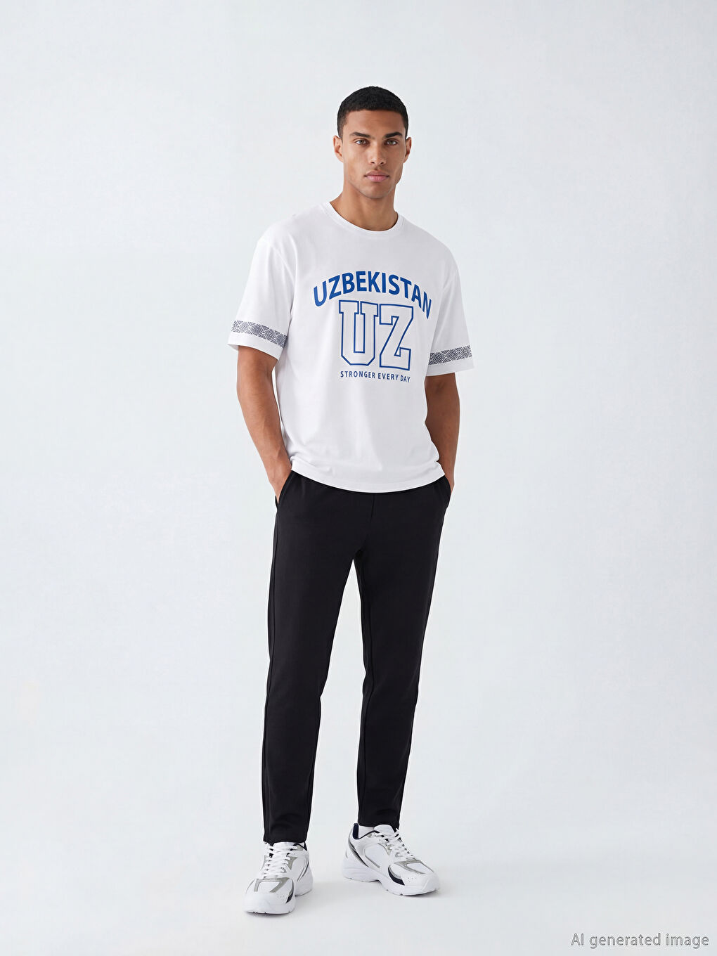 Beyaz Bisiklet Yaka Özbekistan Baskılı Erkek Tişört-1