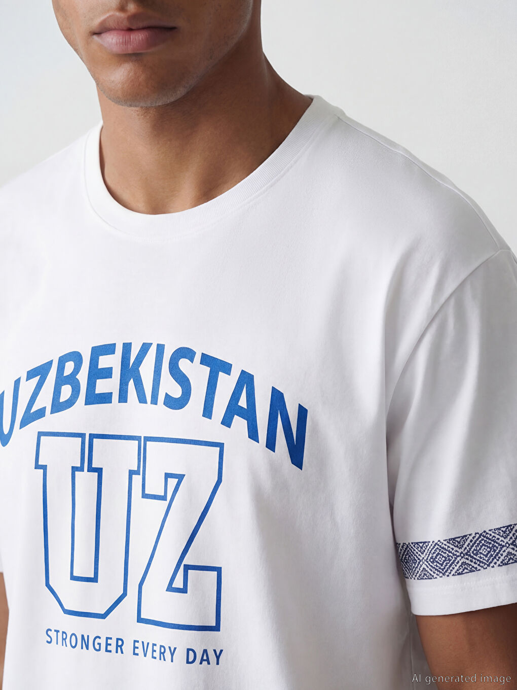 Beyaz Bisiklet Yaka Özbekistan Baskılı Erkek Tişört-2