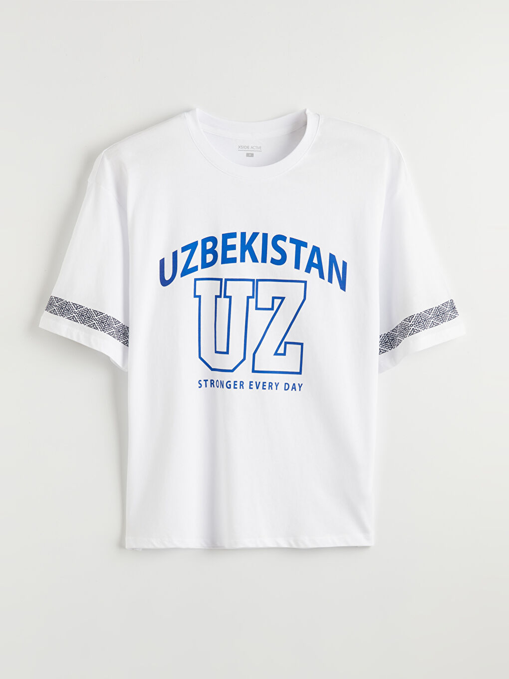 Beyaz Bisiklet Yaka Özbekistan Baskılı Erkek Tişört-3