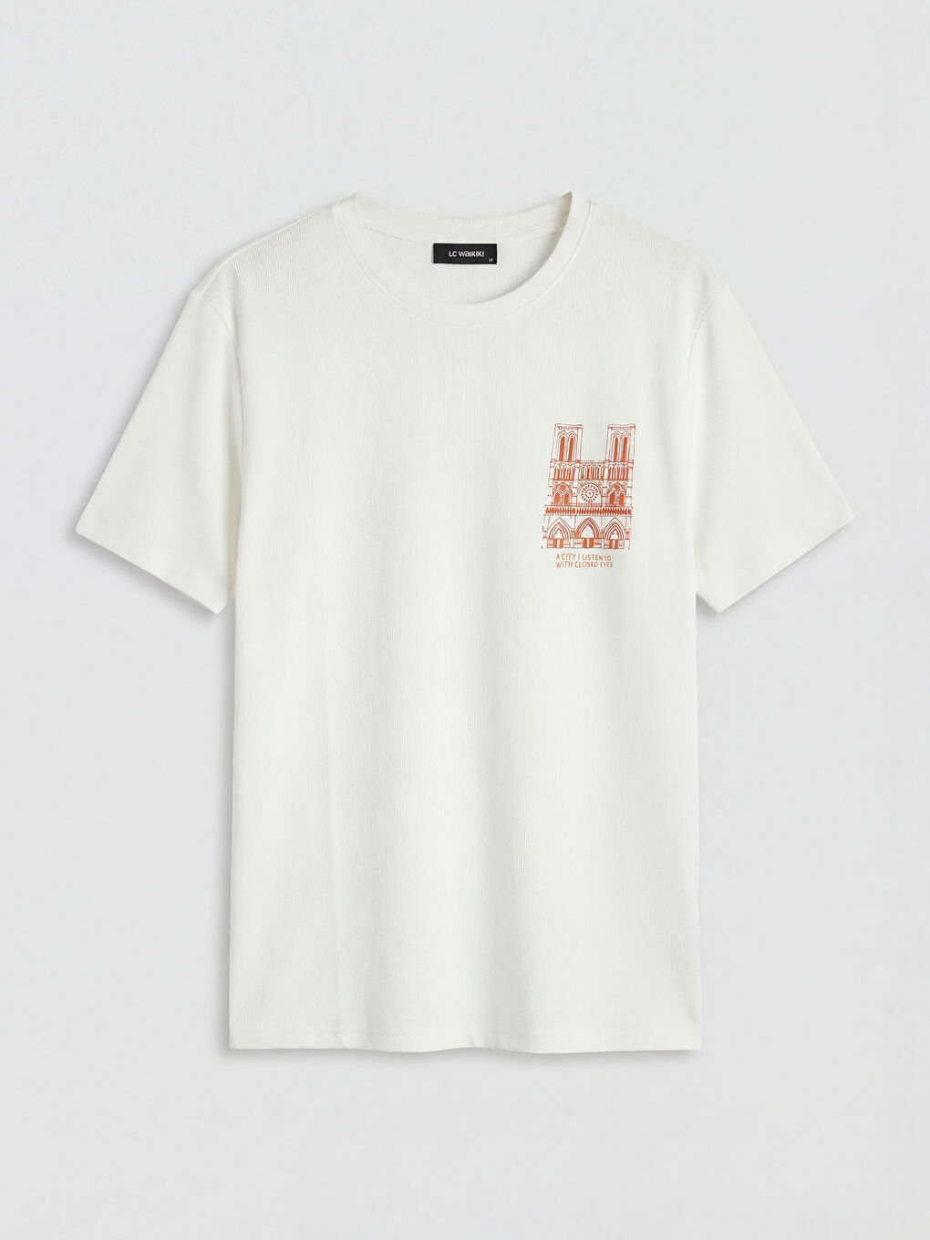 Ekru Bisiklet Yaka Baskılı Erkek Tişört