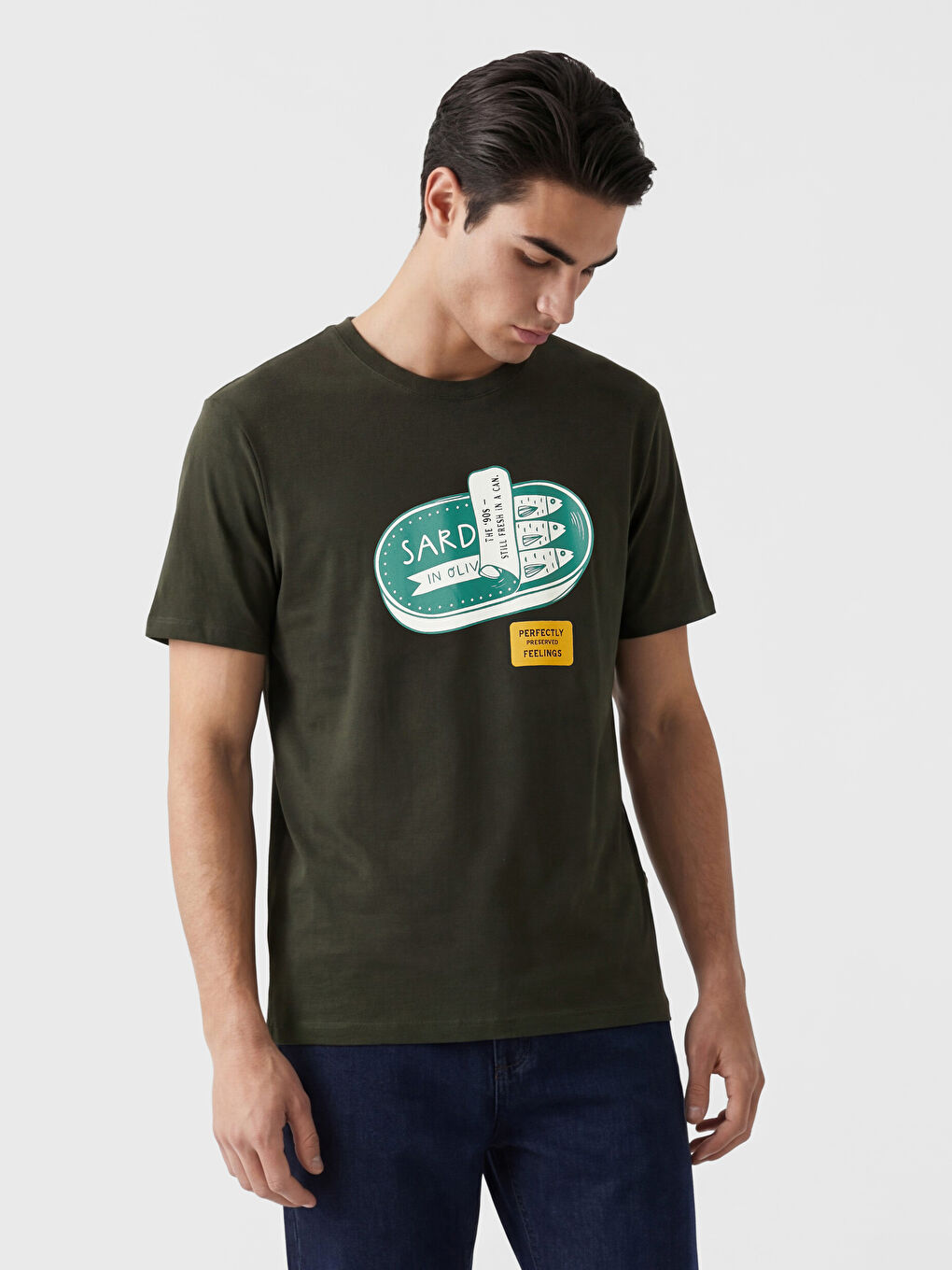 Haki Bisiklet Yaka Baskılı Erkek Tişört